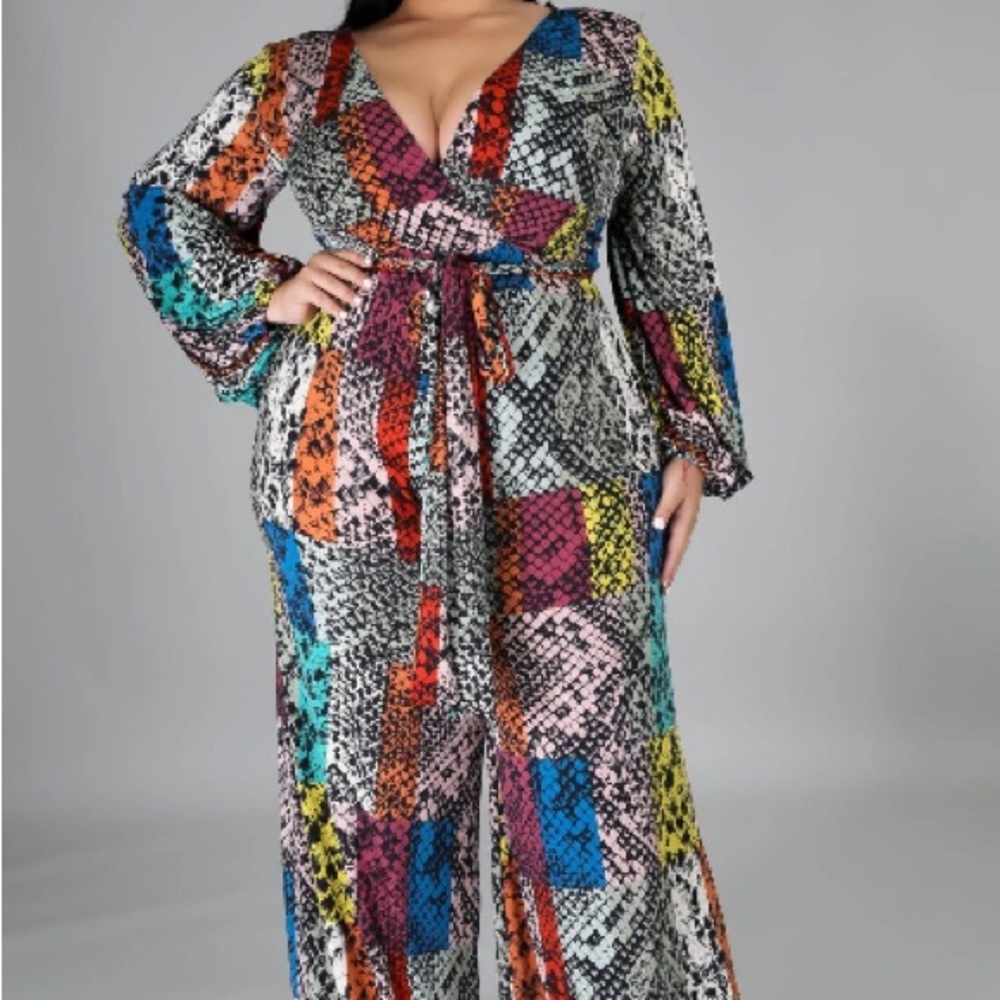 Red and Pink Wrap-Style Jumpsuit with Tie Waist - Picture 2 of 10